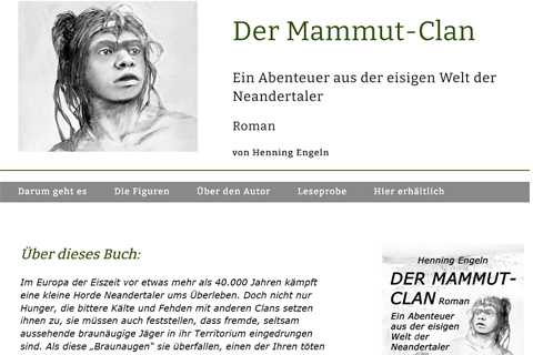 Screenshot einer Website zum Buch Der Mammut-Clan mit Kopf einer Neandertalerfrau und Menüleiste